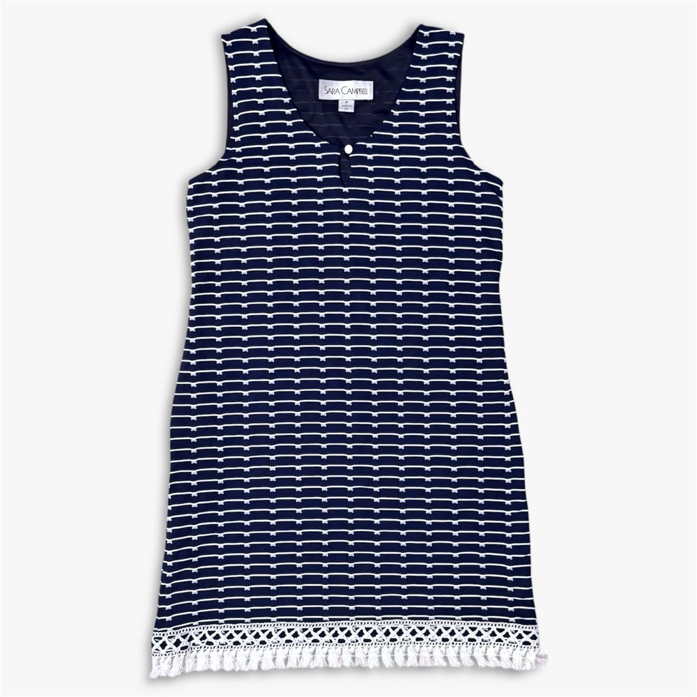 Sara Campbell Navy Stripe Shift Dress Tassel Fringe Hem Fully Lined Stretch M